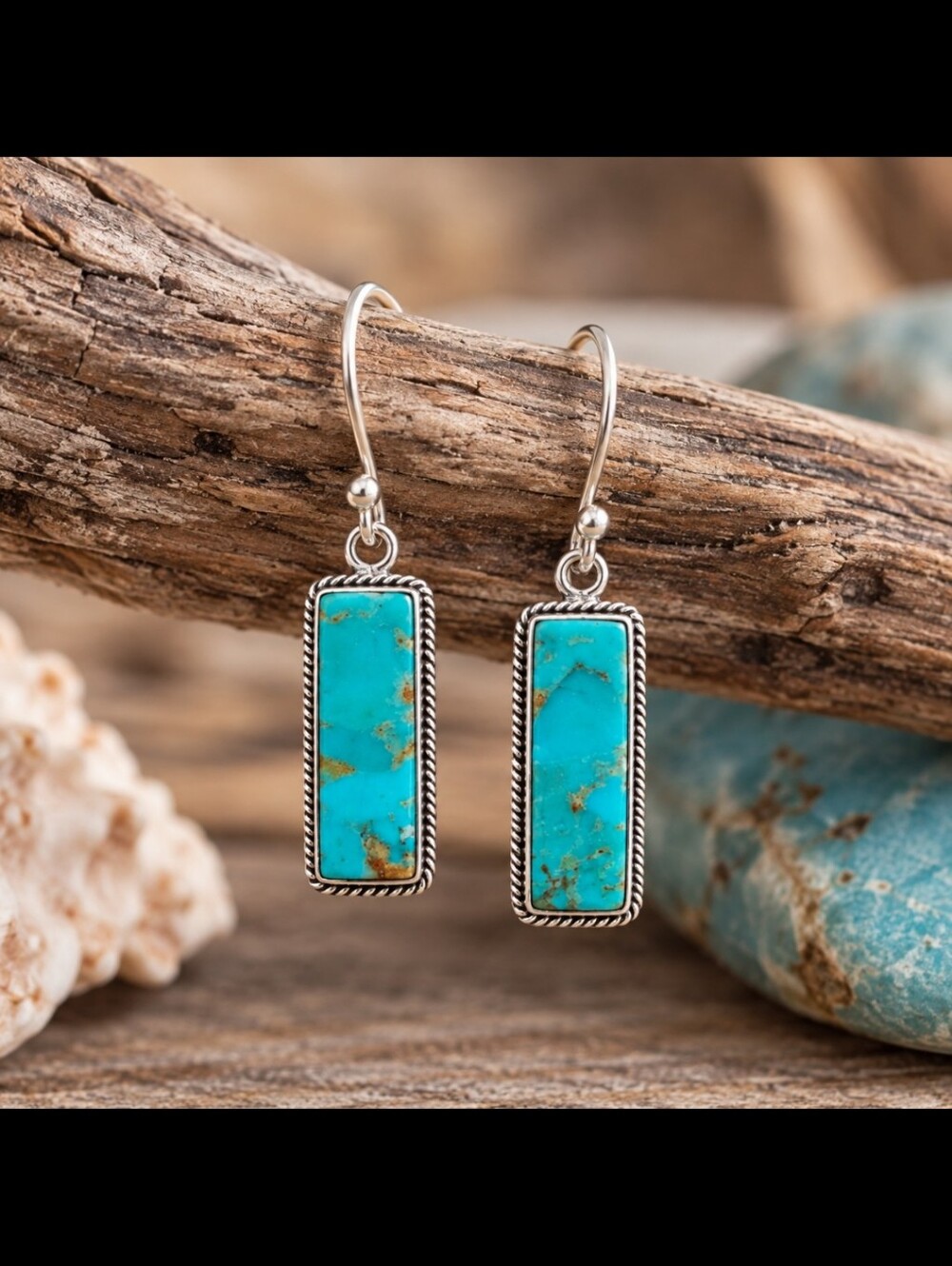 Turquoise Rectangle Drop Earrings with Silver Rope Edge - Picture 4 of 4